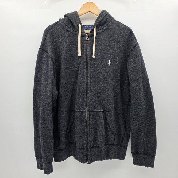 Vintage 90s Polo Ralph Lauren Gray Preppy Mens XL Zip Up Knit Hoodie White Pony